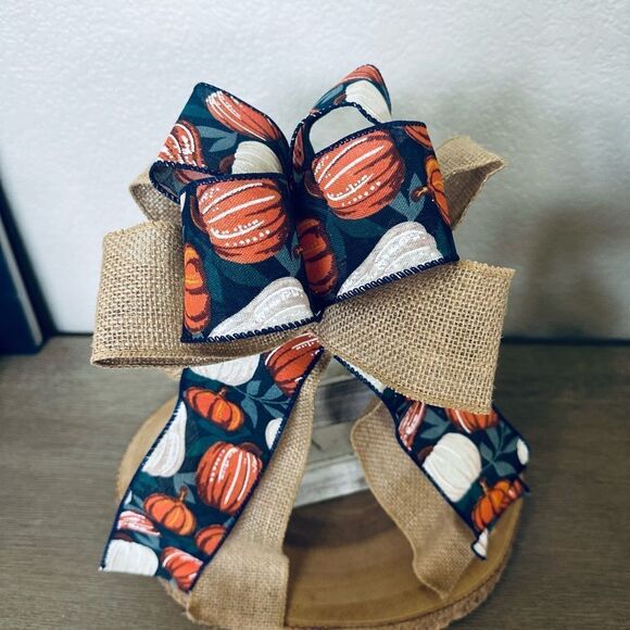 Fall Pumpkin Burlap Farmhouse Ribbon Bow - Picture 1 of 3